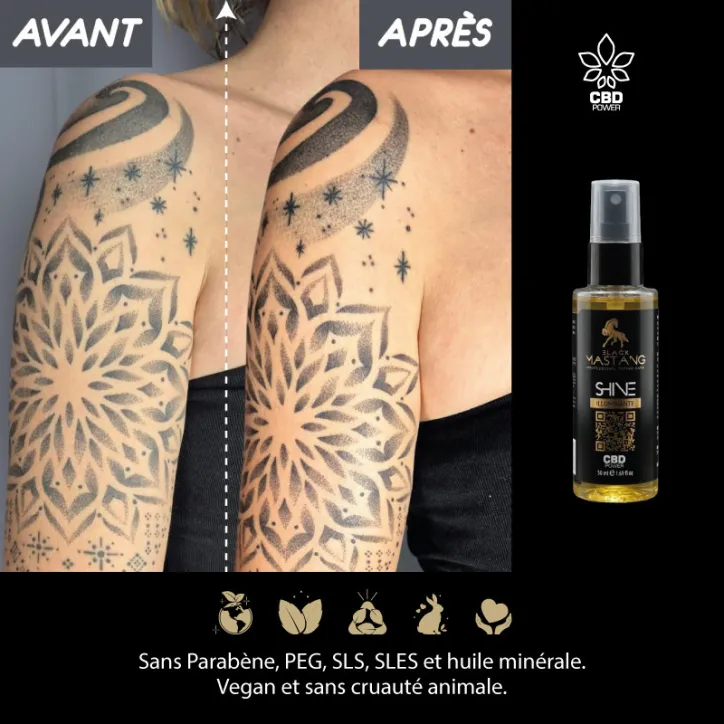 Shine – Huile pour tatouage terne : ravive l'éclat et les couleurs – 50 mL Shine – Huile pour tatouage terne : ravive l'éclat et les couleurs – 50 mL